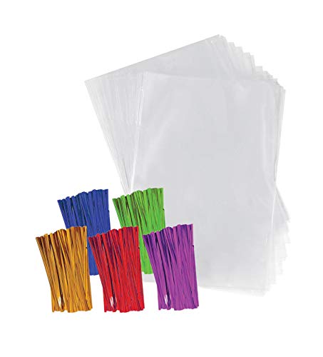 Purple Q Crafts Clear Plastic Cellophane Bags with 4' Colored Twist Ties for Gifts Party Favors (4'x6' 100 Pack)