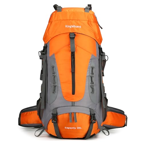 King'sGuard 60L Hiking Backpack Large Waterproof Camping Backpack for Men and Women Lightweight Frameless Backpacking Backpack with Rain Cover (Orange)