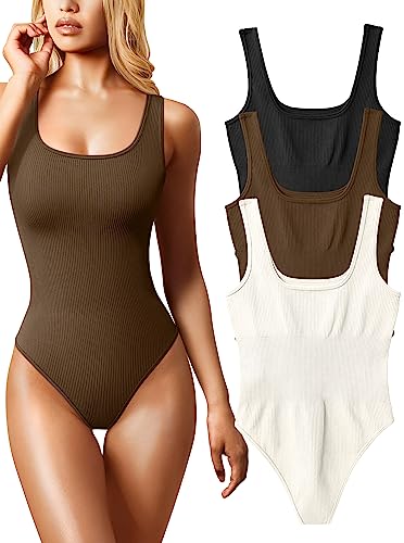 OQQ Women's 3 Piece Bodysuits Sexy Ribbed Sleeveless Square Neck Sleeveless Tank Tops Bodysuits Black Coffee Beige