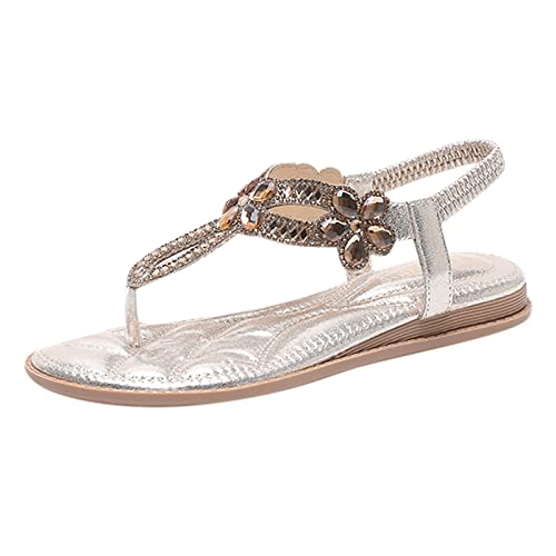 Women Elasticity Ankle Strap Flats Sandals with Rhinestones Comfortable Soft Cushion Summer T-Strap Casual Walking Thong Sandals Gold_05, 9