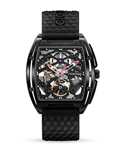 CIGA Design Z Series Automatic Mechanical Watch, Luxury Skeleton Wristwatch Tonneau with Leather and Silicone Strap Stainless Steel Business Dress Waterproof Timepiece Gifts for Men and Women