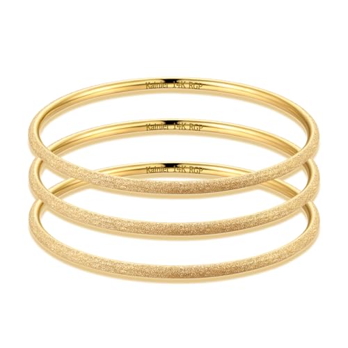 Kainier 3Pairs 14K Gold Plated Bangle Bracelets 3mm Elegant Thin Round Bangles for Women Girls Stackable Oval Solid Bracelets Sets Ideal Gift for Love (Gold A, 7.5 Inches)