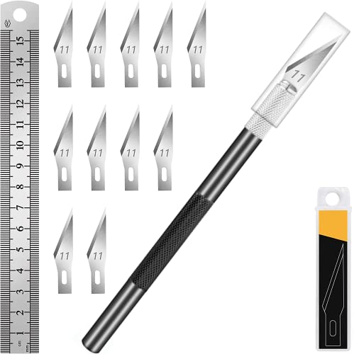 DIYSELF 1 Pcs Exacto Knife with 11 Pcs SK5 High Carbon Steel Exacto Blades Kit, Precision Knife Craft Knife Hobby Knife, 1pcs Steel 15cm Ruler for Art, Scrapbooking, Stencil (Black)