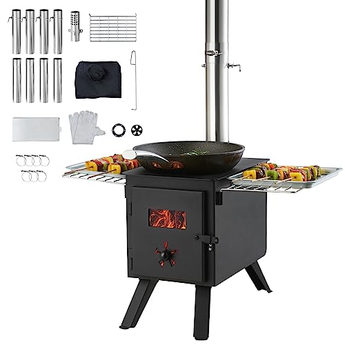 VEVOR Camping Wood Stove Alloy Steel Camping Tent Stove, Portable Wood Burning Stove with Chimney Pipes & Gloves, 1400in³Firebox Hot Tent Stove for Outdoor Cooking and Heating with 8 Pipes