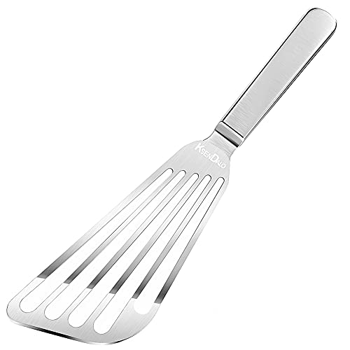 KSENDALO Fish Spatula Stainless Steel, 11.8inch Flexible Sturdy Thin Slotted Metal Spatula with Angled Blade, Versatile Cooking and Egg Spatula, Silver