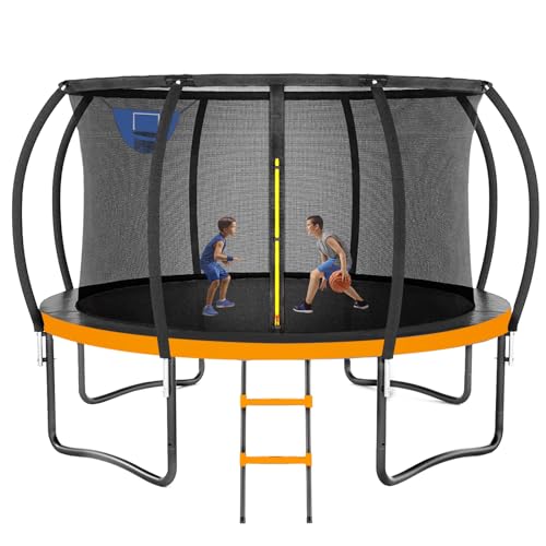 Kiivakii Trampoline 12FT 14FT, Outdoor Trampolines for Kids and Adults, Recreational Trampoline with Basketball Hoop & Enclosure Net, Round Trampoline for Backyard, ASTM