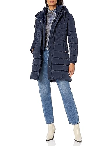 TOMMY HILFIGER Women Solid Puffer Hooded Long Jacket, Navy, Medium