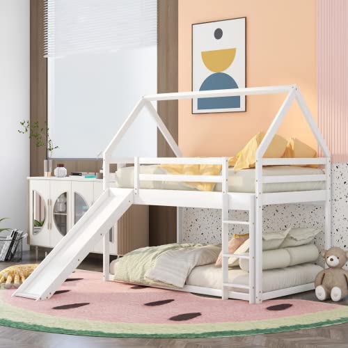 MERITLINE House Bunk Bed with Slide, Twin Bunk Beds for Kids,Wood Bunk Beds with Slide and Roof, Slide Bunk Bed with Ladder for Girls, Boys,White