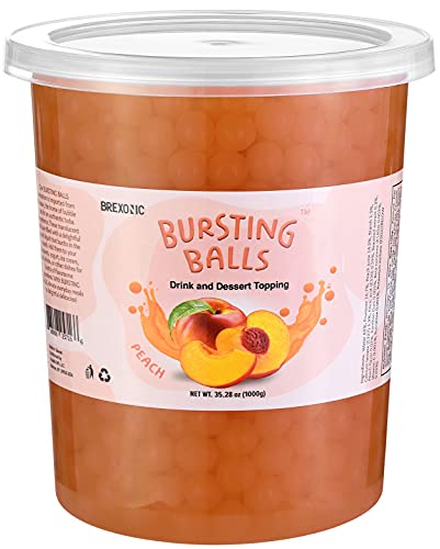 BREXONIC Popping Boba Pearls Bursting Tea Balls Drink & Dessert Topping Strawberry Mango Blueberry Passion Fruit Flavored Bubble Tea Tapioca Pearls 2 LB (Peach, 2 Pound (Pack of 1))