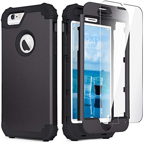 IDweel iPhone 6S Case, iPhone 6 Case with Screen Protector(Tempered Glass), 3 in 1 Heavy Duty Durable Shock Absorption Hard PC Covers Soft Silicone Bumper Full Body Protective Case for Men Boys, Black
