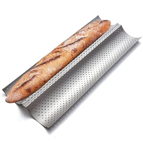 KITESSENSU Nonstick Baguette Pans for French Bread Baking, Perforated 2 Loaves Baguettes Bakery Tray, 15' x 6.3', Silver