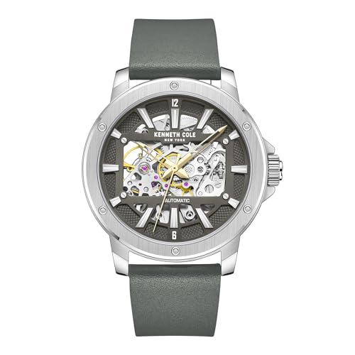 Kenneth Cole New York Men's Automatic Round Wristwatch | Genuine Leather Buckle Strap | Matte Grey Stainless Steel Finish Skeleton Dial | Self-Winding Water Resistant Timepiece