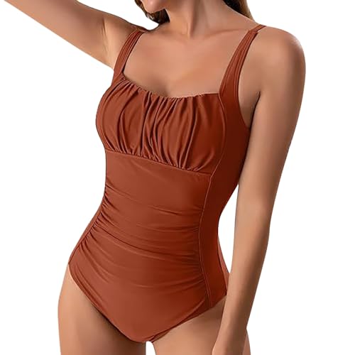 Womens Square Neck Push Up Ruched Swimwear Backless High Waist Sporty One Piece Swimsuit Slimming Tummy Control Bathing Suit（Brown,Medium