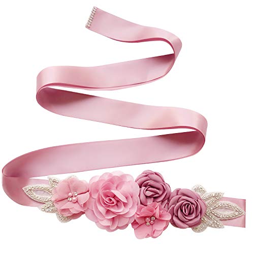 KADBLE Women Girls Flower Sash Belt，for Wedding Bride/Baby Shower Dress (Naked Pink)