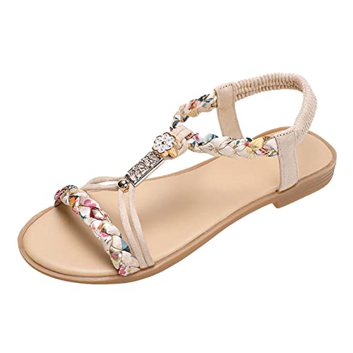 Shengsospp Flat Thong Sandals for Women Open Round Toe Sandal Adjustable Ankle Buckle Dress Thong Sandals Casual Beach Shoes Beige, 9
