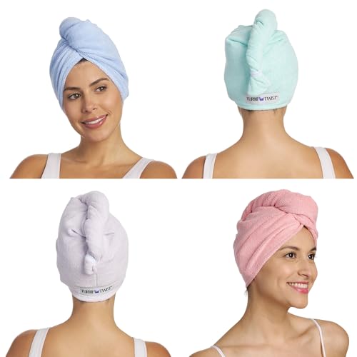 Turbie Twist Microfiber Hair Towel Wrap for Women and Men | 4 Pack | Quick Dry Turban for Drying Curly, Long & Thick Hair (Pink, Purple, Blue, Aqua)