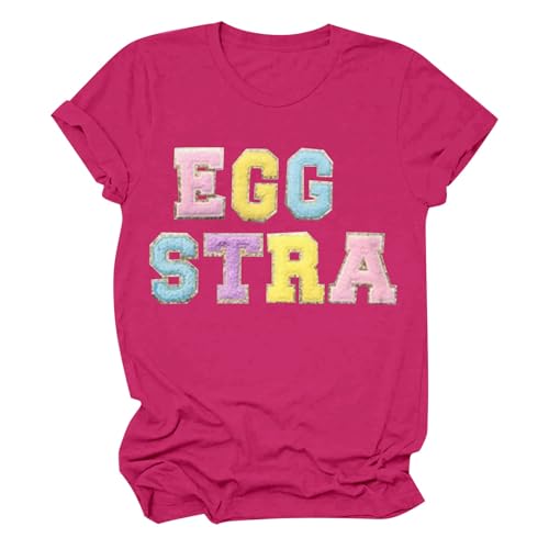 Ashowlaco Easter Dresses for Women Round Neck Egg STRA Letter Printed Top T Shirt Trendy Swearshirt (#1-Hot Pink, XL)