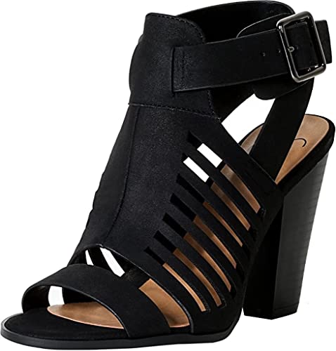Delicious Yummy Cutout Stacked Heel Sandal Shoes (Black, numeric_8_point_5)