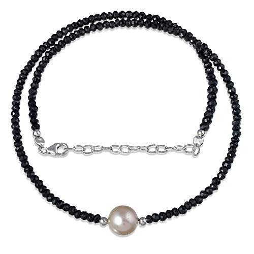 Vatslacreations – Pearl Necklace Genuine Black Spinel Beads Necklace With 925 Sterling Silver Lock Chain Black Spinel Bead Jewelry Beaded Black Spinel Pearl Necklace Gift for her (45CM)