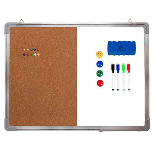 Combination Whiteboard Bulletin Board Set - 24 x 18' Dry Erase/Cork Board with 1 Magnetic Dry Eraser, 4 Markers, 4 Magnets and 10 Thumb Tacks - Small Combo Tack White Board for Home Office Desk