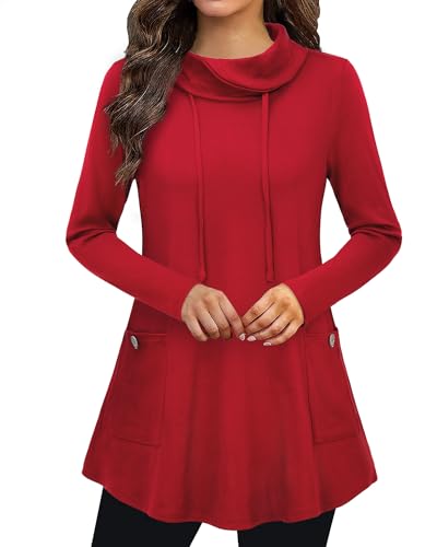 Bulotus Tunic Tops for Leggings for Women Cowl Neck Red Sweater Long Sleeve Tunic Sweatshirts with Pocket, Red, X-Large