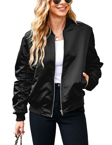 ACEVOG Womens Bomber Jacket Short Biker Jackets Varsity Coat Windbresker, Black, Large
