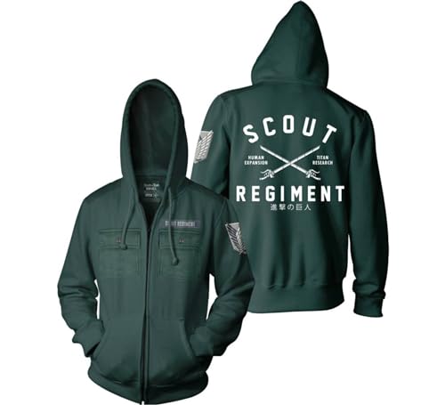 Ripple Junction Attack on Titan Men's Full Zip-Up Hooded Sweatshirt Scout Regiment AOT Military Anime Fleece Hoodie Med Green