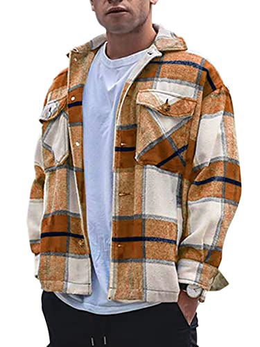 Gafeng Mens Flannel Shirt Plaid Shacket Long Sleeve Button Down Casual Warm Fall Winter Camp Jacket Outwear Coat Khaki