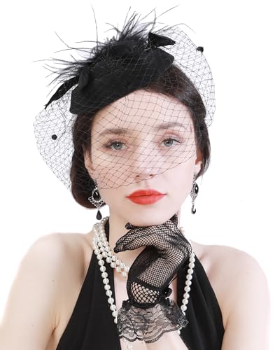 Diwlolido Fascinators Hats Pillbox Hat Cocktail Tea Party Feather Hair Clip Wedding Headwear with Veil for Women and Girls