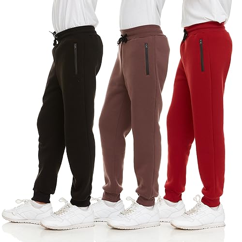PURE CHAMP 3Pk Boys Sweatpants Fleece Athletic Workout Kids Clothes Boys Joggers with Zipper Pocket and Drawstring Size 4-20 (SET4 Size 10/12)