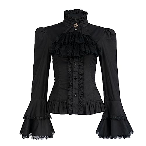 Mingyuezai Victorian Blouse Womens Gothic Pirate Shirt Vintage Long Sleeve Lotus Ruffle Tops (M, 010 Black)