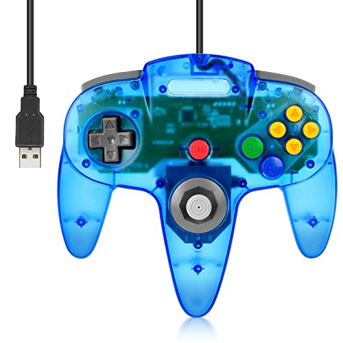 Wired USB N64 Controller, FISUPER Classic Video Game Controller USB Gamepad for Windows PC MAC Raspberry PI Retropie (Clear Blue)