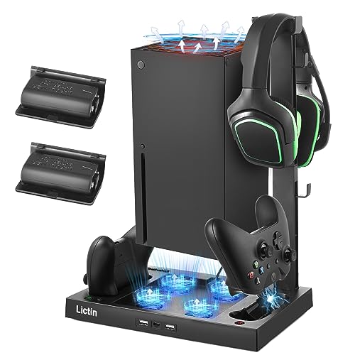 Lictin Cooling Fan Charging Station for Xbox Series X Console & Controller, Upgraded 4 Cooler Fan System Stand, Vertical Dual Charger Station Dock Accessories with 2 x 1400mAh Rechargeable Battery