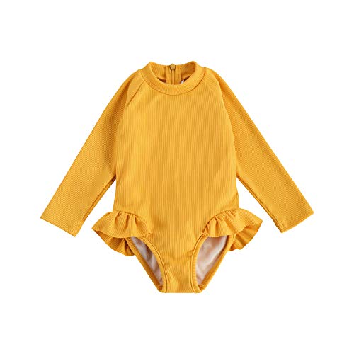 Karuedoo Baby Girls One Piece Swimsuit Zip Rash Guard Swimwear Ruffled Long Sleeve Bathing Suit (A-Yellow, 12-18M)