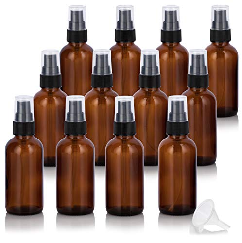 JUVITUS 2 oz / 60 ml Amber Glass Boston Round Bottle with Black Treatment Pump (12 Pack) Refillable Empty Storage Containers
