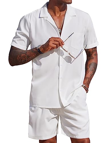 COOFANDY Men's 2 Pieces Shirt Set Short Sleeve Button Down Casual Hippie Holiday Beach T-Shirts Shorts Outfits (01-White, Small)