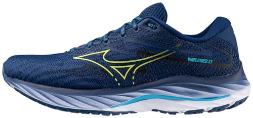 Mizuno Men's Wave Rider 27 Running Shoe, Navy Peony/Sharp Green, 10.5
