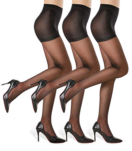 G&Y 3 Pairs Women's Sheer Tights - 20D Control Top Pantyhose with Reinforced Toes, Black, S
