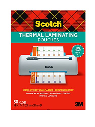 Scotch Dry Erase Thermal Laminating Pouches, 50-Pack, Works with Dry Erase Markers, Reuseable Worksheets, Calendars, Checklists, 8.9 x 11.4 Inches, Letter Size, Clear Professional Finish (TP3854-50DE)