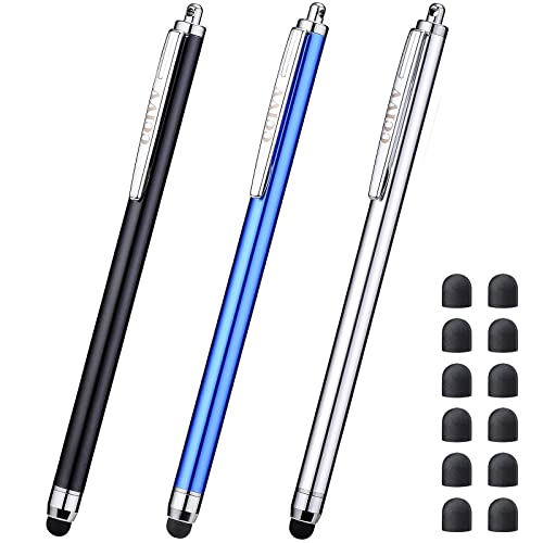 CCIVV 3 Pcs Stylus Pens for Touch Screens [0.24-inch Tip Series] + 12 Extra Replaceable Rubber Tips (Black/Silver/Dark Blue)