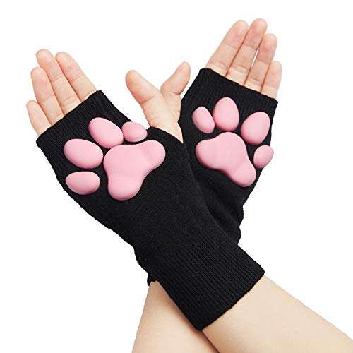 HOMEGYMFREE Cute Cat Paw Mittens Gloves, Kawaii Cat Cosplay Kawaii Soft 3D Toes Beans Fingerless Cat Claw Paws Pad Sleeve (Black-Short)