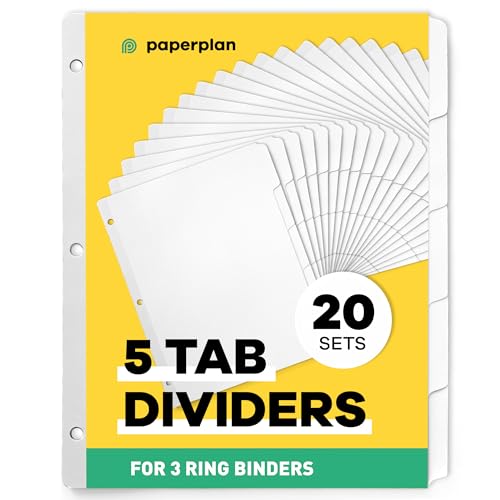 3 Ring Binder Dividers with Tabs - (20 Sets) x 5 Tab Dividers for 3 Ring Binders - White - Binder Dividers with Tabs - Dividers for 3 Ring Binder - Tab Dividers - Binder Tabs // Paper Plan