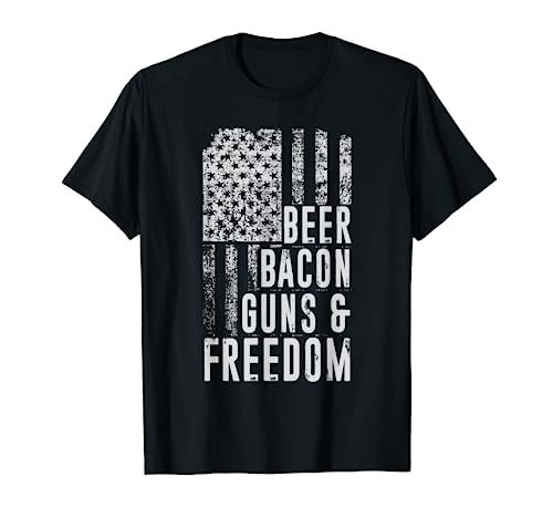 Patriotic USA Flag Design - Beer Bacon Guns And Freedom T-Shirt