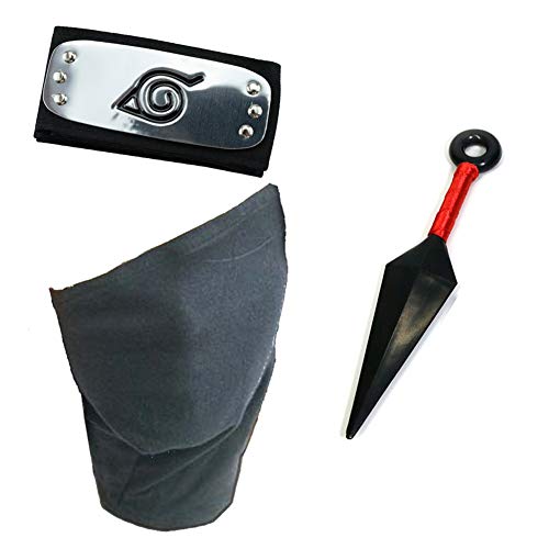 Fusovon Leaf Village Metal Plated Headband + Kakashi Cosplay Mask Veil & Ninja Props Kunai Plastic Anime Cosplay