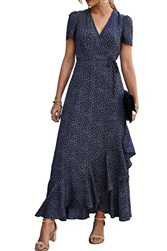 PRETTYGARDEN Women's Summer Wrap Maxi Dress Casual Boho Floral V Neck Short Sleeve Ruffle Hem Split Beach Long Dresses (Blue,XX-Large)