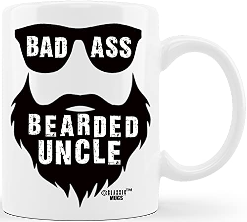Classic Mugs Bad Ass Bearded Uncle Gift Funny Beard Coffee Mug for New Uncle Tio Brother Humorous Prank Joke Gag Gift from Niece Nephew Sister Mom Dad Novelty Gag Gift for Christmas Birthday Tea Cup