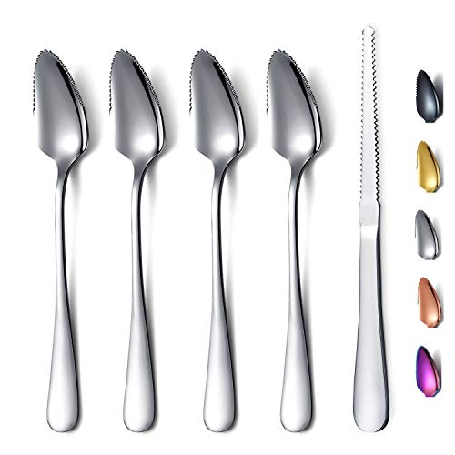 Grapefruit Spoons 5 Pieces Set, 4 Stainless Steel Grapefruit Spoon And 1 Grapefruit knife With Titanium Plating, Grapefruit Utensil Set, Serrated Edges Spoon pack of 5 (Silver)