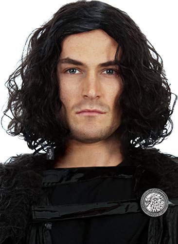 ALLAURA – Jon Snow Wig Northern Snow King Wig + Shield Jon Snow Pin – Bruno Short Black Curly Cosplay Wigs For Men Halloween Cosplay Halloween Costume
