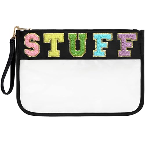 Burskit Chenille Letter Clear Zipper Pouch for Travel Preppy Stuff Bag Stoney Clover Lane Aesthetic Storage Organizer Pouches for Women with Glitter Patch Letters (Black-Stuff)