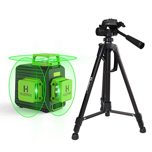 Huepar 3x360 Self-leveling Cross-Line Laser Level, 3D Green Beam Three-Plane Leveling and Alignment Laser Tool with 47' Lightweight Extendable Tripod Set, Li-ion Battery&2 Portable Bag Included-B03TP